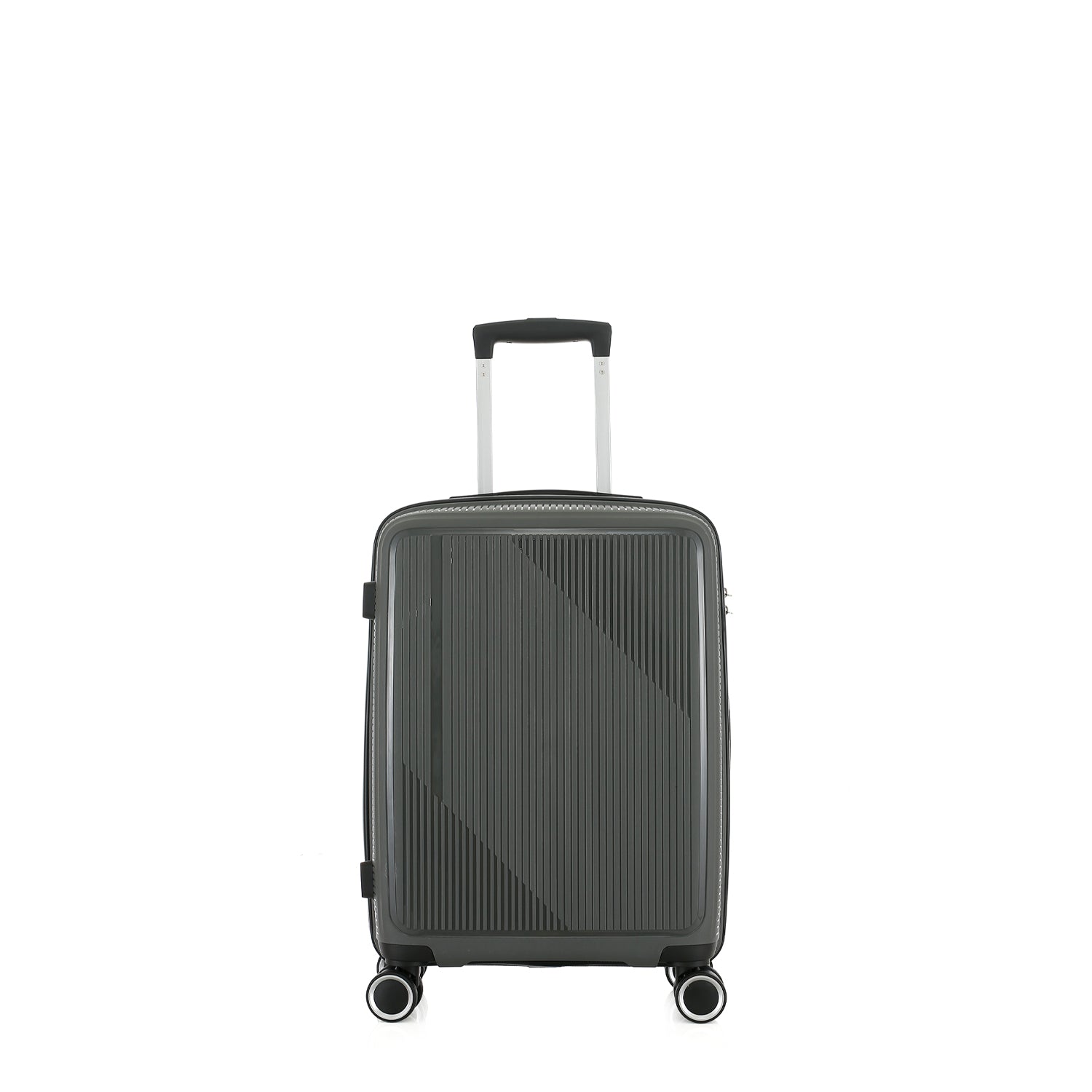 bb&b Travel Daytona Small Suitcase in charcoal shown from the front with an extended telescopic handle and four spinner wheels.