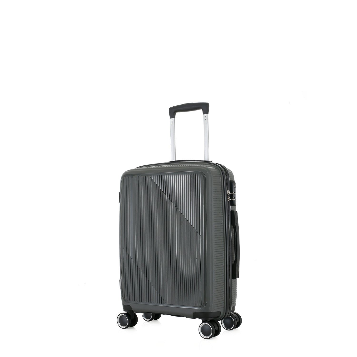 Angled front view of the bb&b Travel Daytona Small Suitcase in charcoal showing the textured hard shell, side handle and spinner wheels.