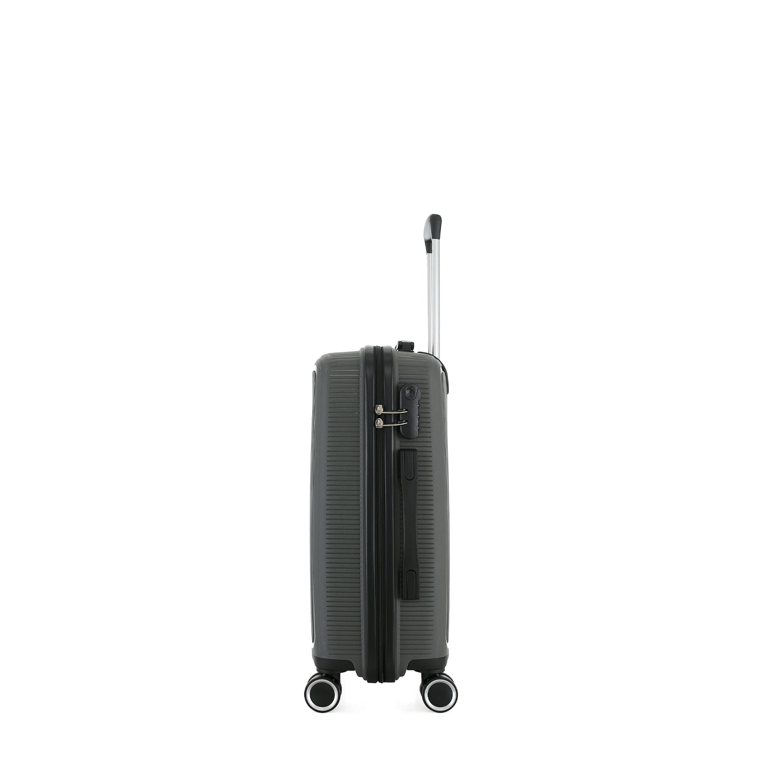 Side view of the bb&b Travel Daytona Small Suitcase in charcoal showing the zip closure, combination lock, side handle and extended telescopic handle.