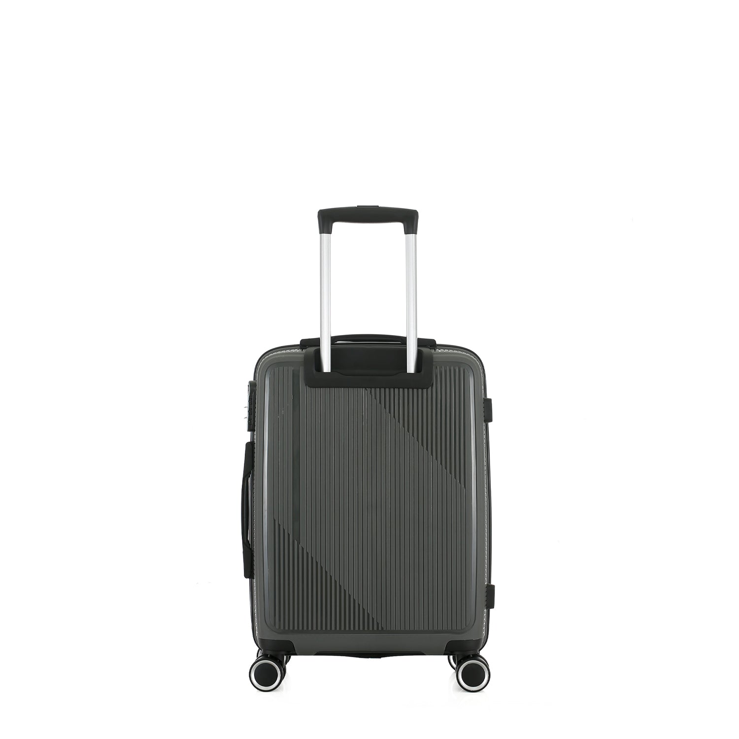 Rear view of the bb&b Travel Daytona Small Suitcase in charcoal with an extended telescopic handle and four spinner wheels.