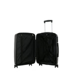 Open bb&b Travel Daytona Small Suitcase in charcoal showing the black interior lining, zipped divider and adjustable packing straps.