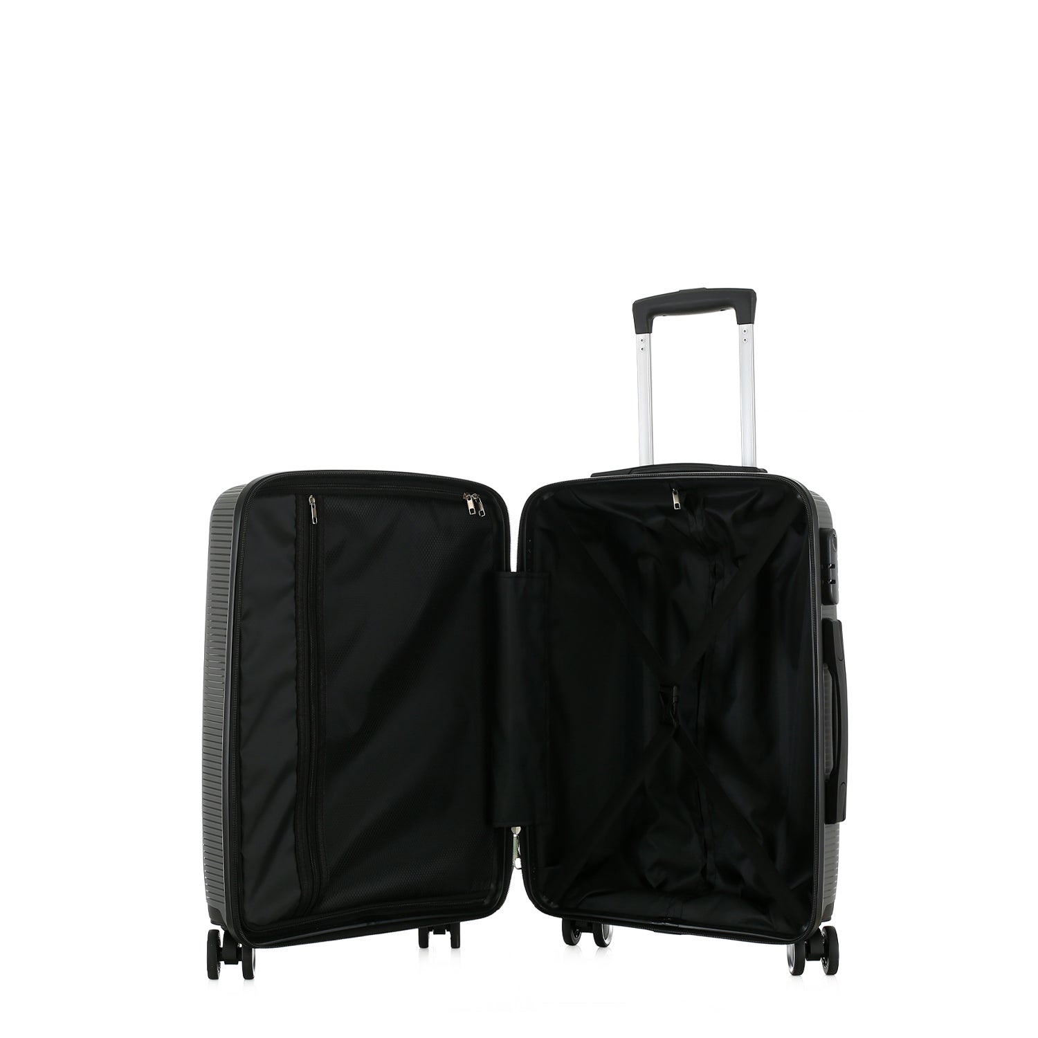 Open bb&b Travel Daytona Small Suitcase in charcoal showing the black interior lining, zipped divider and adjustable packing straps.