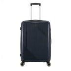 bb&b Travel Daytona Large Suitcase in navy shown from the front with an extended telescopic handle and four spinner wheels.