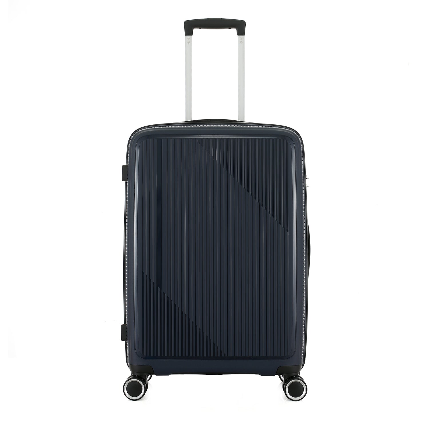 bb&b Travel Daytona Large Suitcase in navy shown from the front with an extended telescopic handle and four spinner wheels.