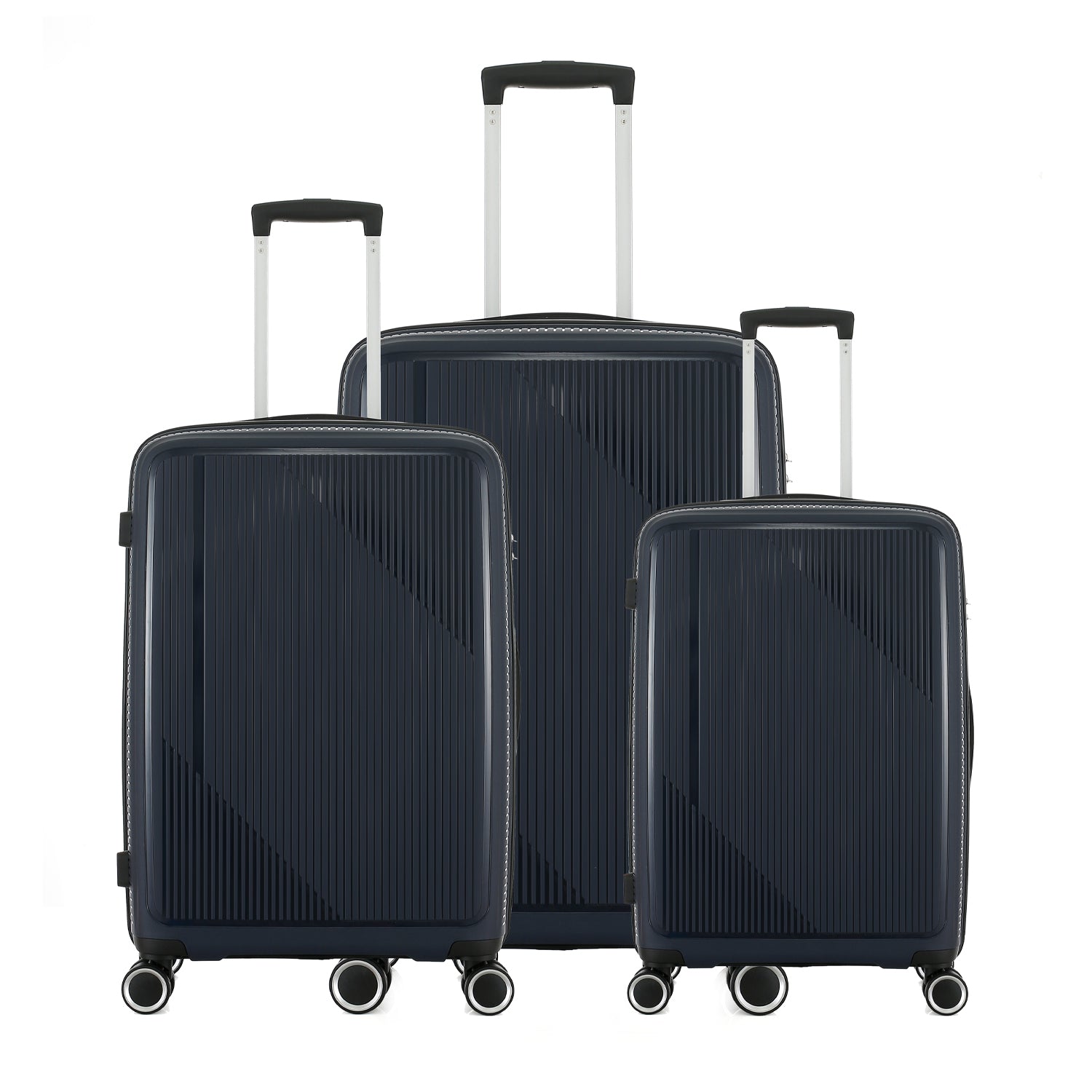 bb&b Travel Daytona Suitcase range in navy featuring small, medium and large hard-shell suitcases with extended handles and spinner wheels.