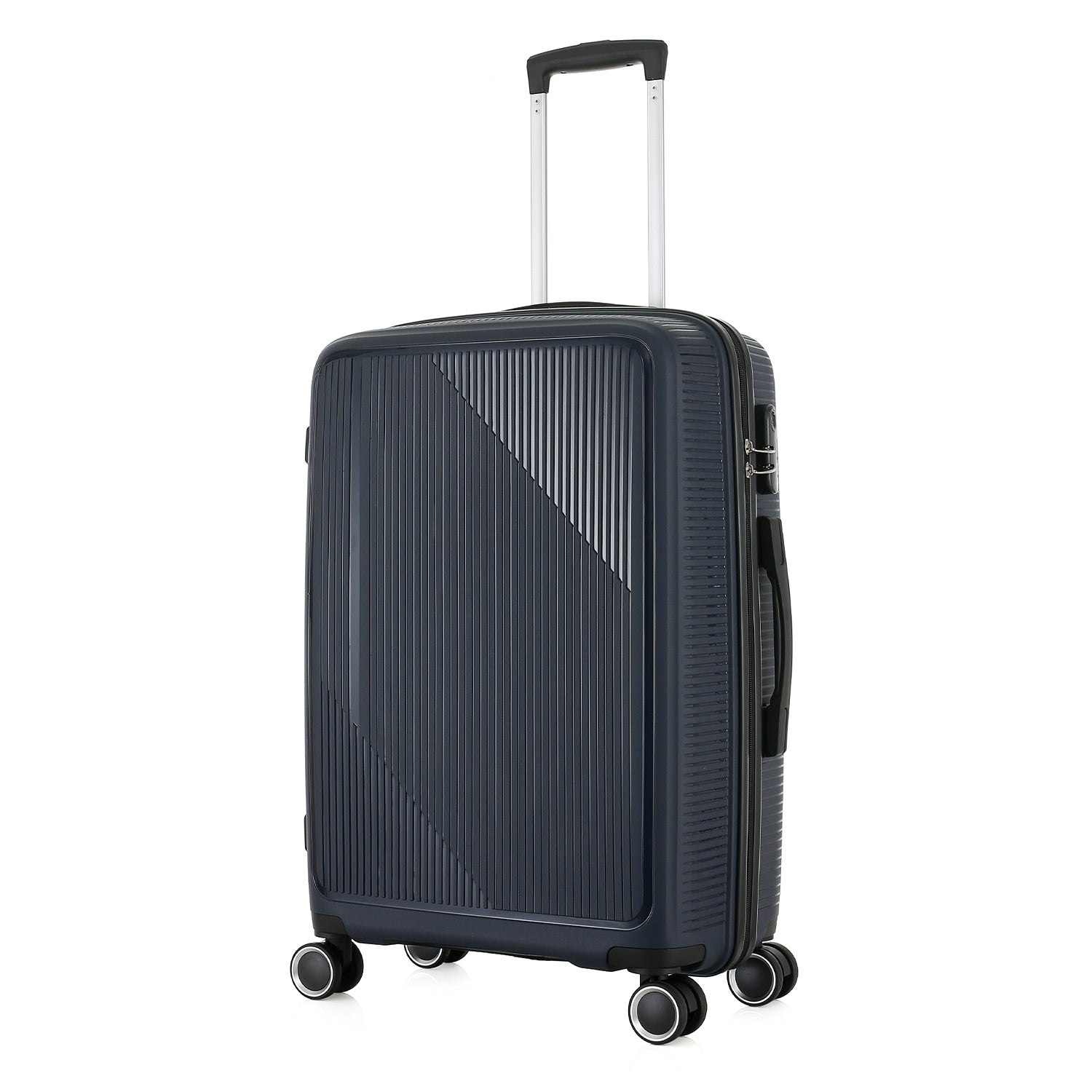 Angled front view of the bb&b Travel Daytona Large Suitcase in navy showing the ribbed hard shell, side handle and spinner wheels.