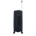 Side view of the bb&b Travel Daytona Large Suitcase in navy showing the zip closure, combination lock and side carry handle.