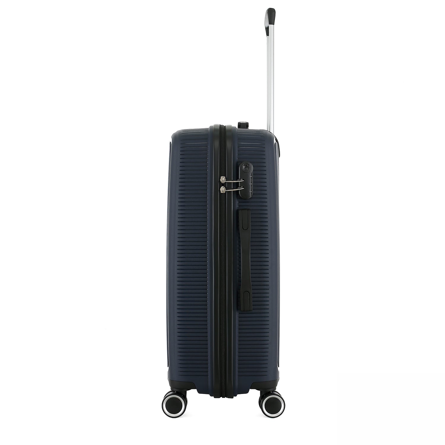 Side view of the bb&b Travel Daytona Large Suitcase in navy showing the zip closure, combination lock and side carry handle.