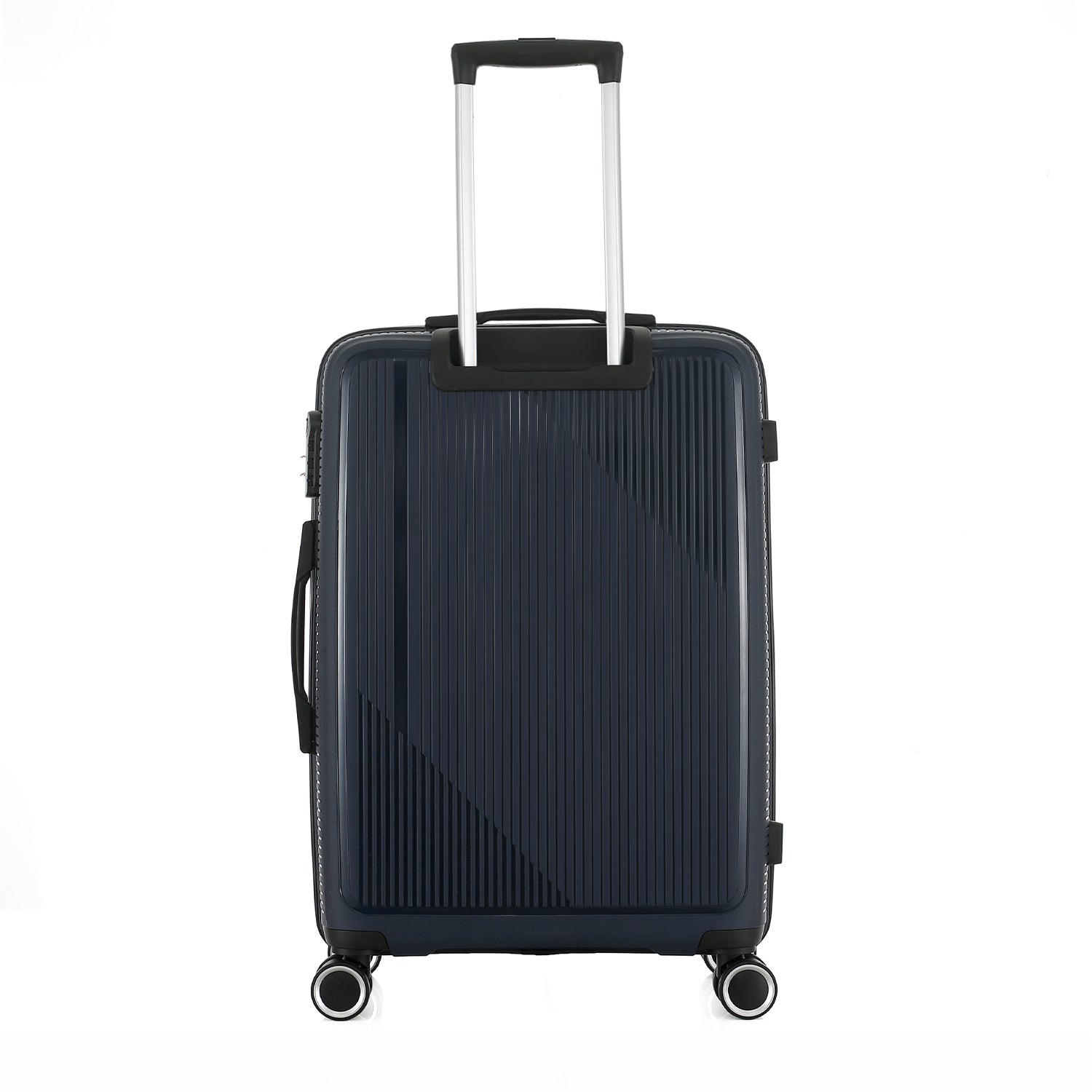 Rear view of the bb&b Travel Daytona Large Suitcase in navy with an extended telescopic handle and four spinner wheels.