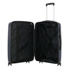 Open bb&b Travel Daytona Large Suitcase in navy showing the black interior, zipped divider and adjustable packing straps.