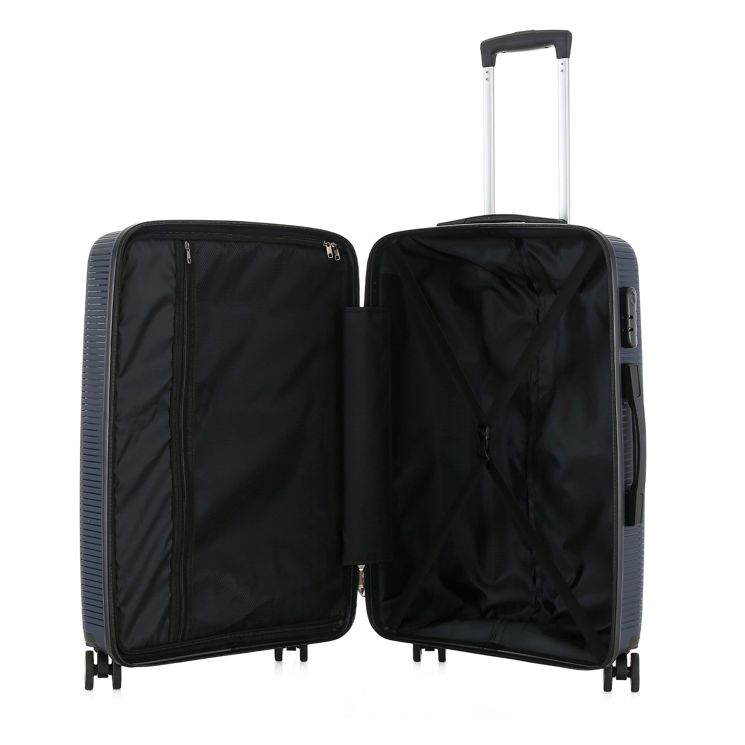 Open bb&b Travel Daytona Large Suitcase in navy showing the black interior, zipped divider and adjustable packing straps.