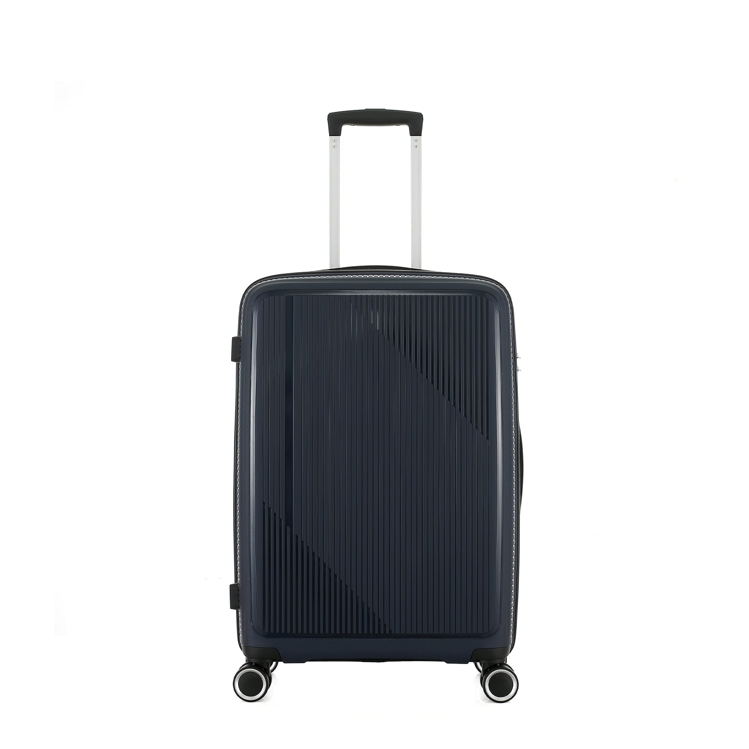 bb&b Travel Daytona Medium Suitcase in navy shown from the front with an extended telescopic handle and four spinner wheels.