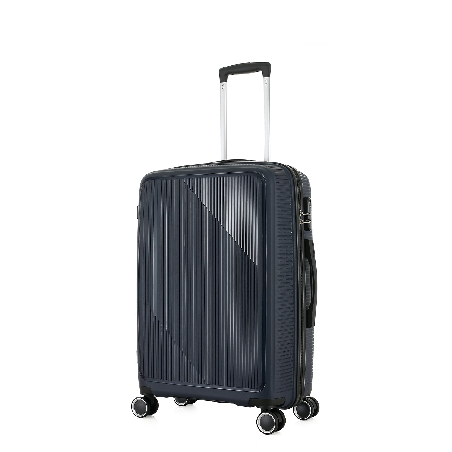 Angled front view of the bb&b Travel Daytona Medium Suitcase in navy showing the ribbed hard shell, side handle and spinner wheels.