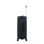 Side view of the bb&b Travel Daytona Medium Suitcase in navy showing the zip closure, combination lock and side carry handle.