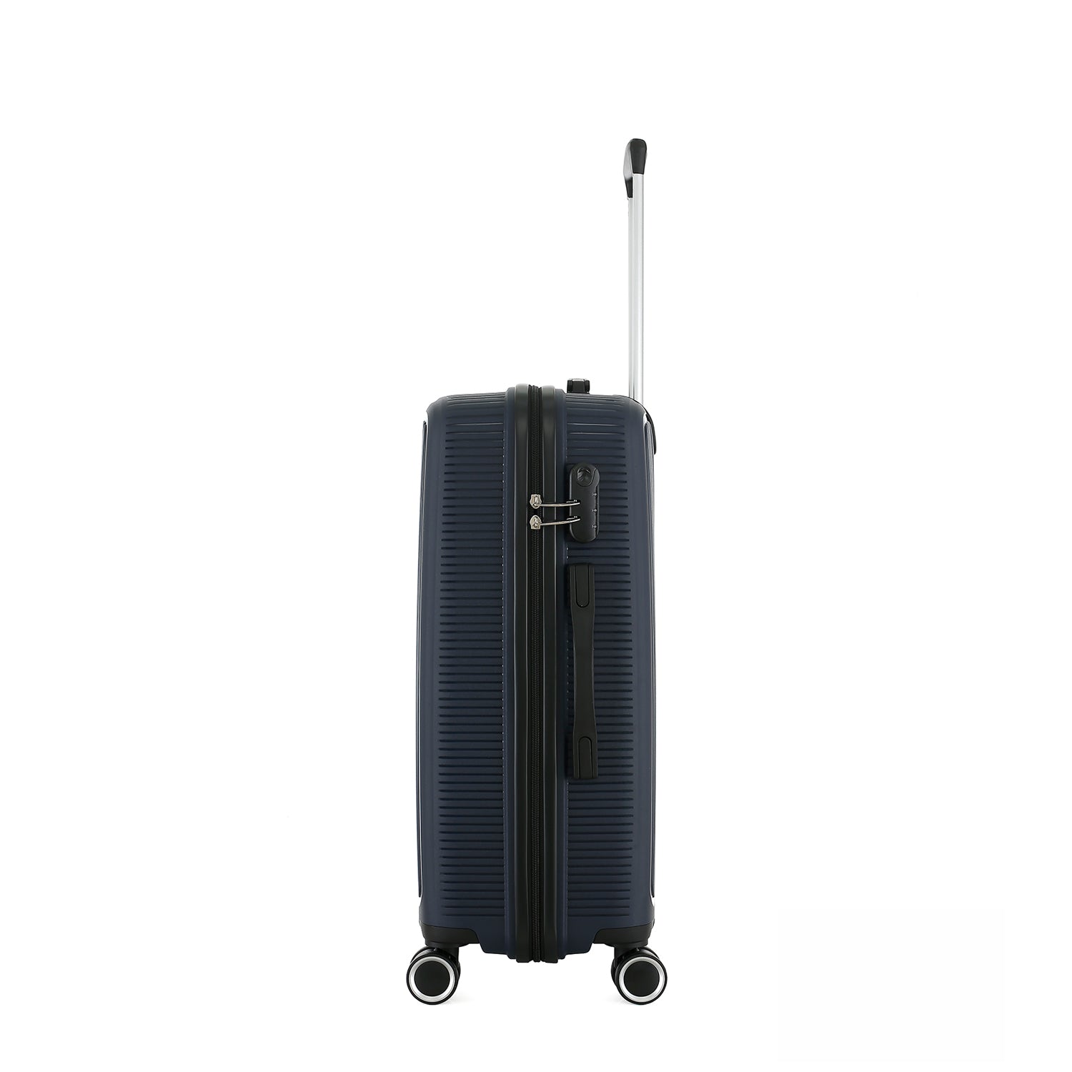 Side view of the bb&b Travel Daytona Medium Suitcase in navy showing the zip closure, combination lock and side carry handle.