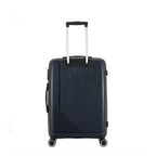 Rear view of the bb&b Travel Daytona Medium Suitcase in navy with an extended telescopic handle and four spinner wheels.