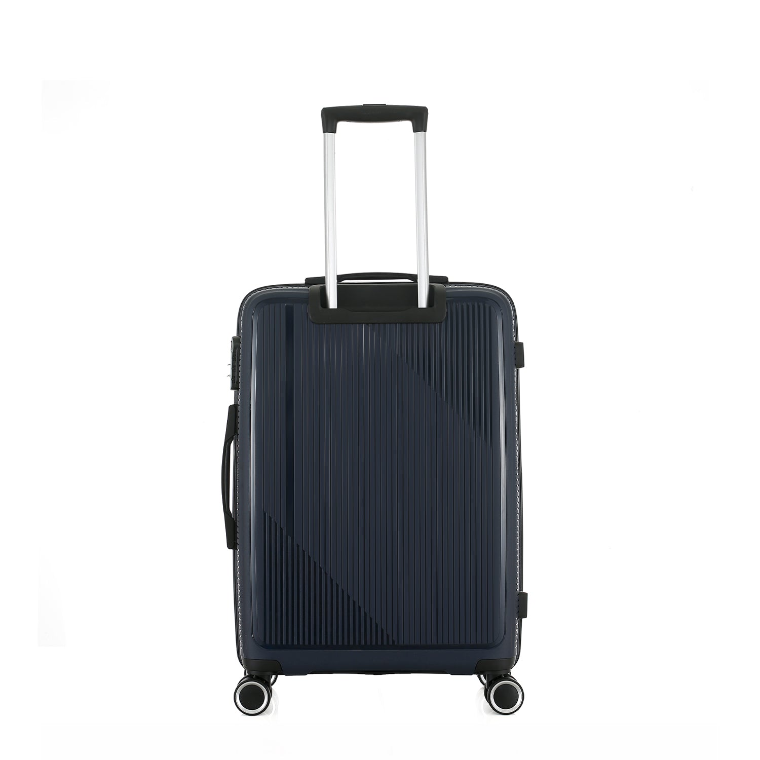 Rear view of the bb&b Travel Daytona Medium Suitcase in navy with an extended telescopic handle and four spinner wheels.