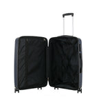 Open bb&b Travel Daytona Medium Suitcase in navy showing the black interior, zipped divider and adjustable packing straps.