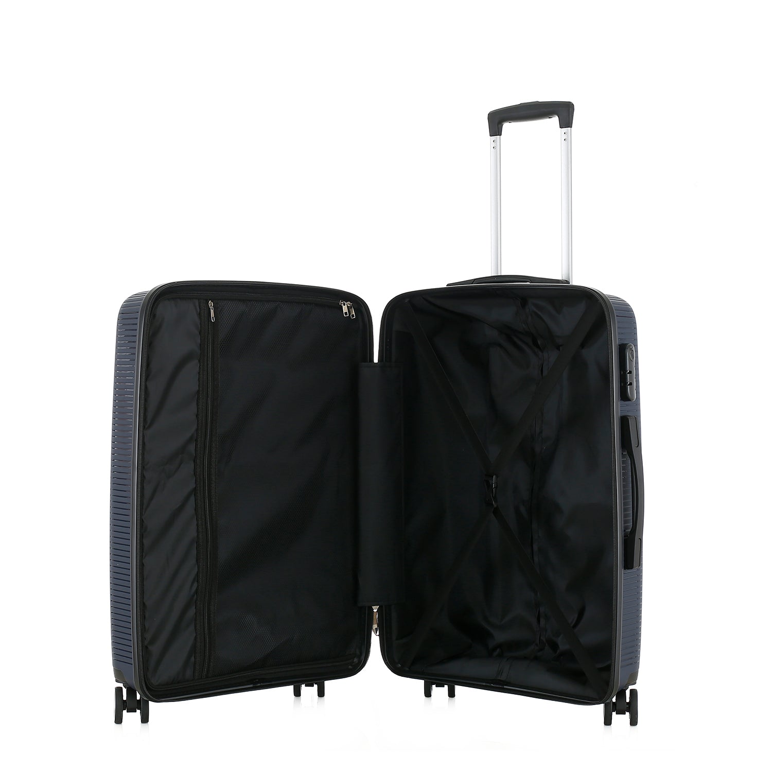 Open bb&b Travel Daytona Medium Suitcase in navy showing the black interior, zipped divider and adjustable packing straps.