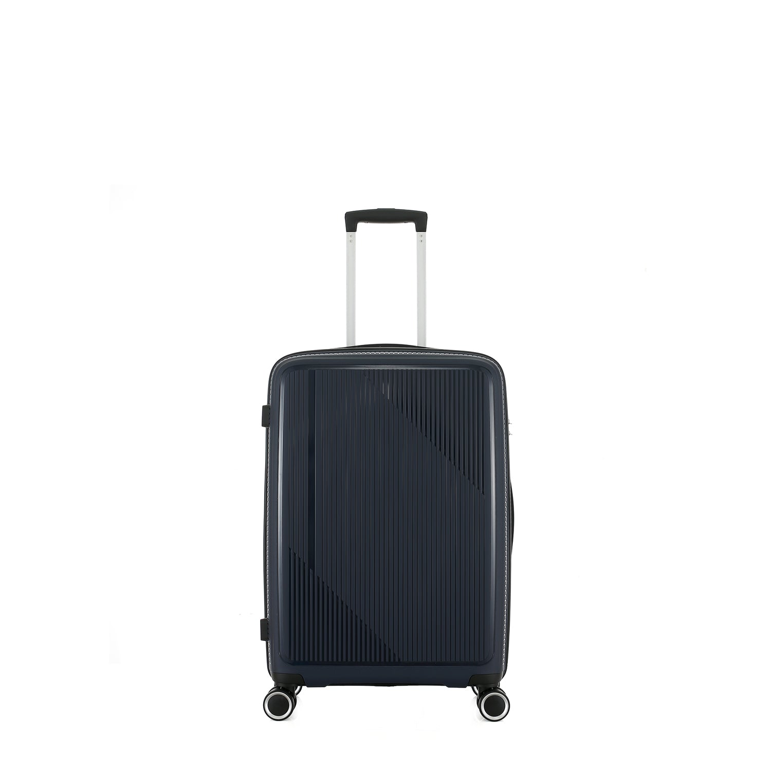 bb&b Travel Daytona Small Suitcase in navy shown from the front with an extended telescopic handle and four spinner wheels.