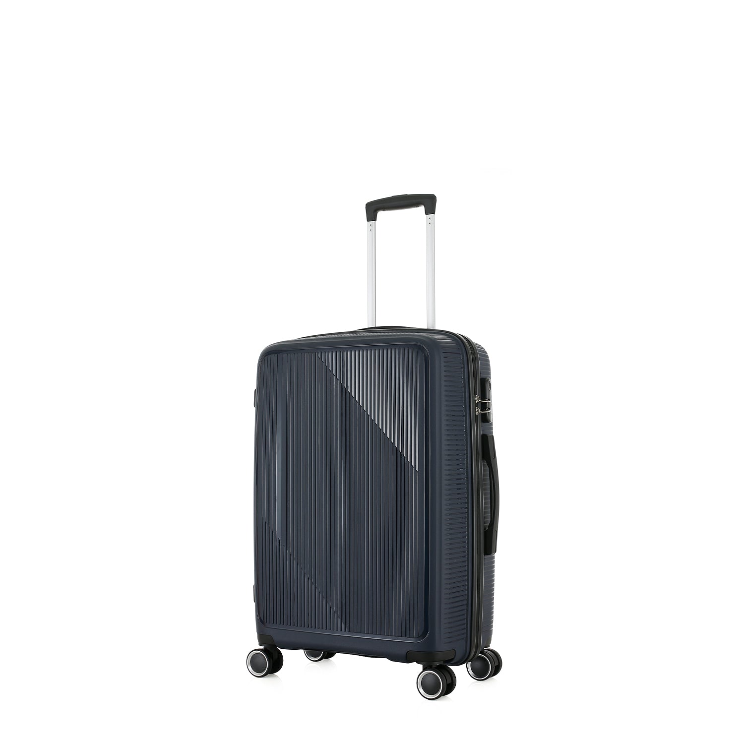 Angled front view of the bb&b Travel Daytona Small Suitcase in navy showing the ribbed hard shell, side handle and spinner wheels.