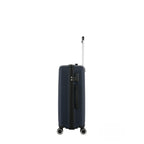 Side view of the bb&b Travel Daytona Small Suitcase in navy showing the zip closure, combination lock and side carry handle.