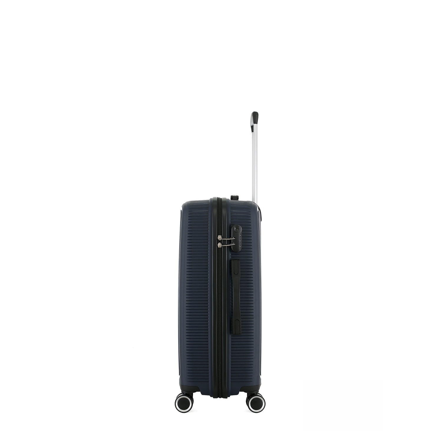 Side view of the bb&b Travel Daytona Small Suitcase in navy showing the zip closure, combination lock and side carry handle.