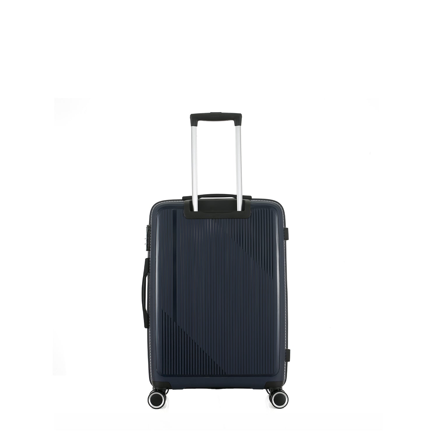 Rear view of the bb&b Travel Daytona Small Suitcase in navy with an extended telescopic handle and four spinner wheels.