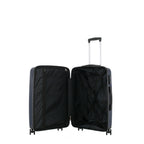 Open bb&b Travel Daytona Small Suitcase in navy showing the black interior, zipped divider and adjustable packing straps.