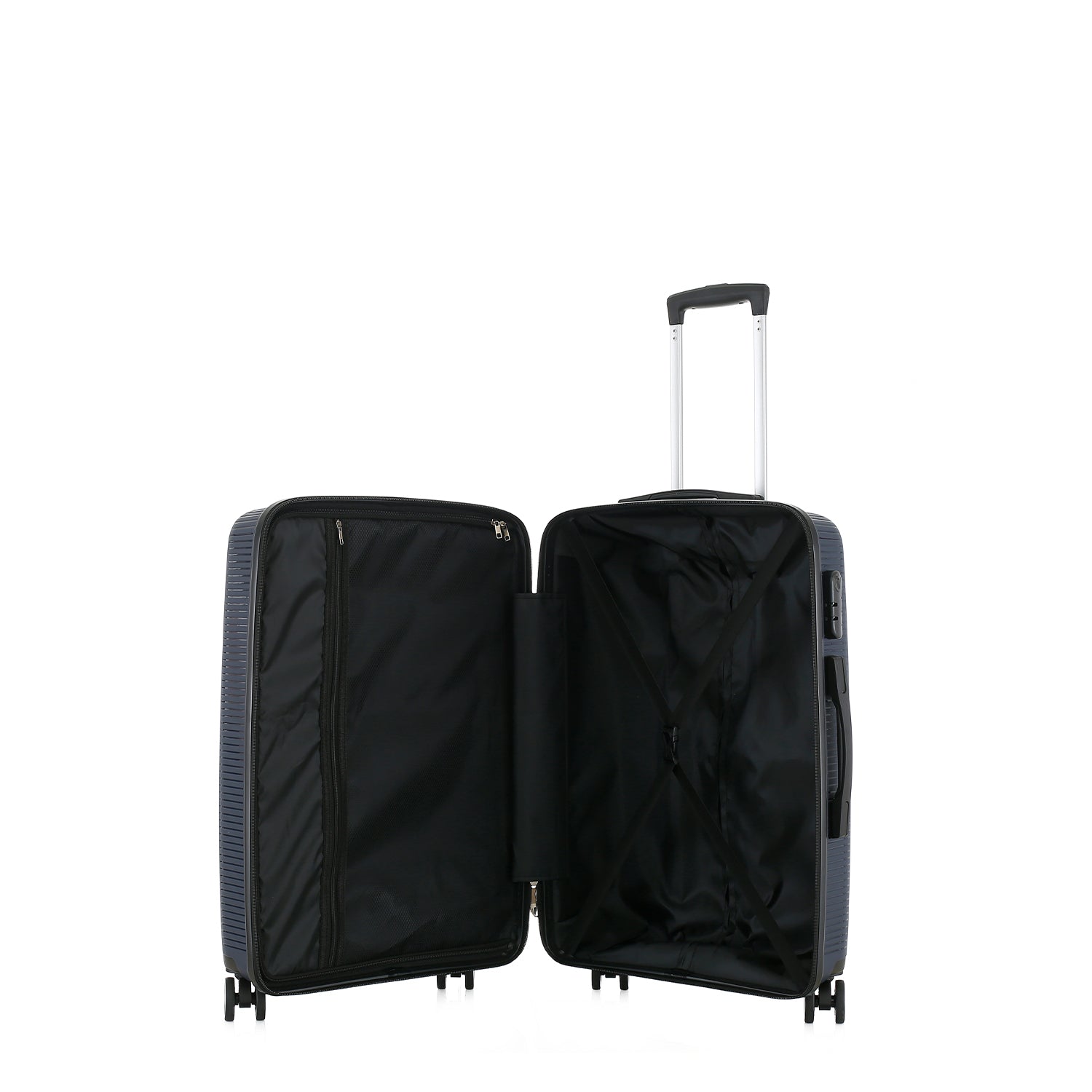 Open bb&b Travel Daytona Small Suitcase in navy showing the black interior, zipped divider and adjustable packing straps.