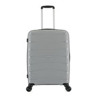 Large silver hard-shell suitcase shown from the front with an extended telescopic handle, black trim and spinner wheels.