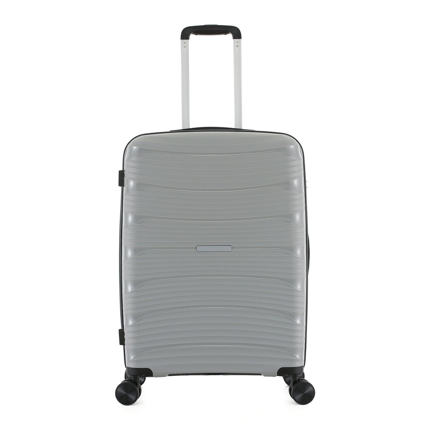 Large silver hard-shell suitcase shown from the front with an extended telescopic handle, black trim and spinner wheels.