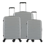 Silver hard-shell suitcase range in small, medium and large sizes, featuring telescopic handles, black trim and spinner wheels on a white background.