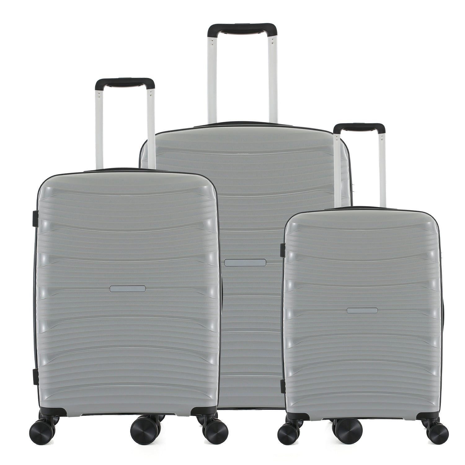 Silver hard-shell suitcase range in small, medium and large sizes, featuring telescopic handles, black trim and spinner wheels on a white background.