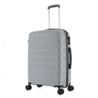 Large silver hard-shell suitcase shown at an angle, highlighting the textured shell, side handle, zip closure and spinner wheels.