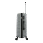 Side view of the large silver suitcase showing the slim profile, combination lock, side carry handle and extended telescopic handle.