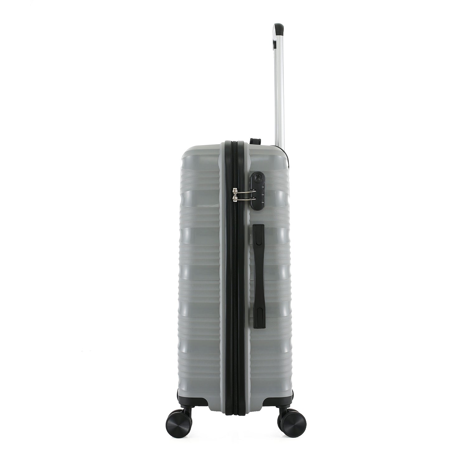 Side view of the large silver suitcase showing the slim profile, combination lock, side carry handle and extended telescopic handle.