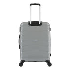 Rear view of the large silver suitcase showing the textured hard shell, telescopic handle and black side carry handle.