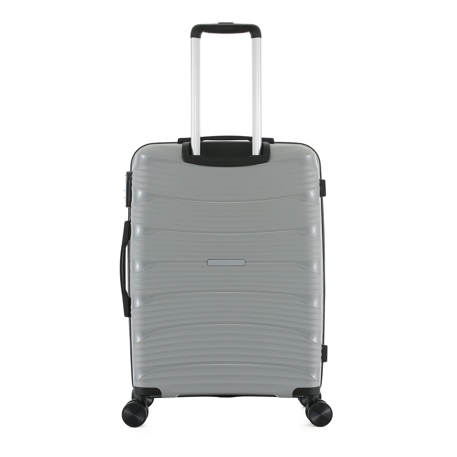 Rear view of the large silver suitcase showing the textured hard shell, telescopic handle and black side carry handle.