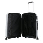 Large silver hard-shell suitcase shown open, revealing a black lined interior with zippered divider, storage pocket and cross straps.