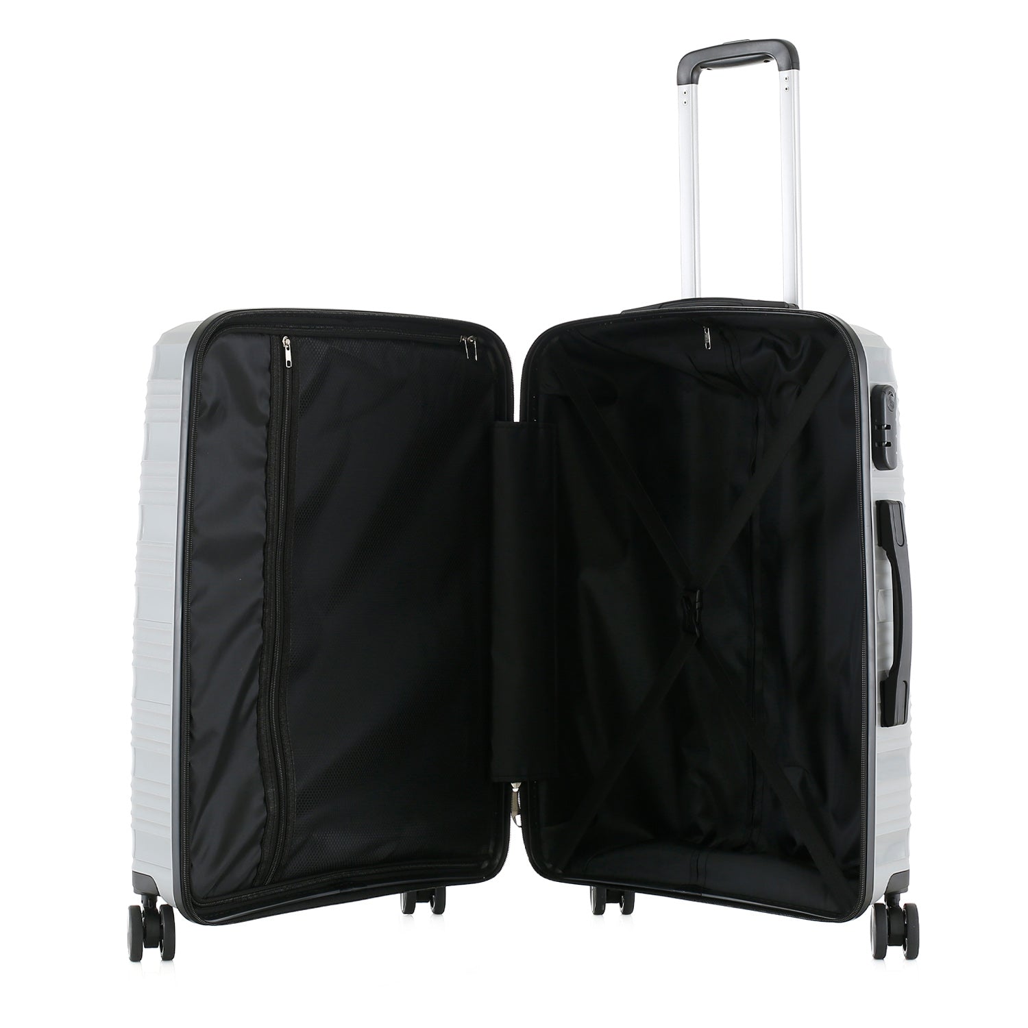 Large silver hard-shell suitcase shown open, revealing a black lined interior with zippered divider, storage pocket and cross straps.