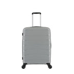 Medium silver hard-shell suitcase shown from the front with an extended telescopic handle, black trim and spinner wheels.