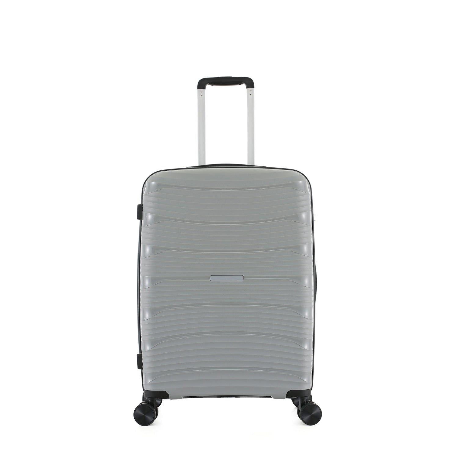 Medium silver hard-shell suitcase shown from the front with an extended telescopic handle, black trim and spinner wheels.