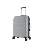 Medium silver hard-shell suitcase shown at an angle, highlighting the textured shell, side handle, zip closure and spinner wheels.