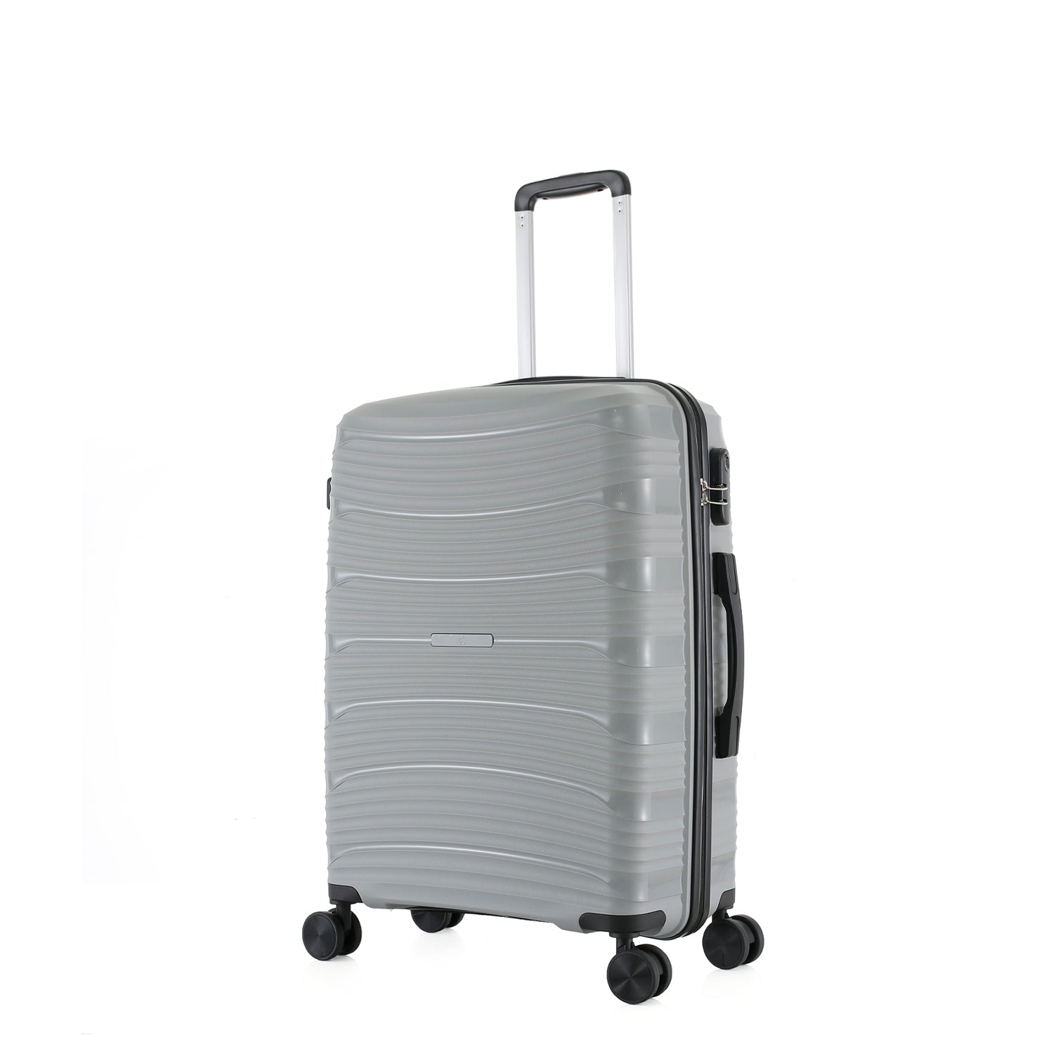 Medium silver hard-shell suitcase shown at an angle, highlighting the textured shell, side handle, zip closure and spinner wheels.
