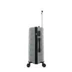Side view of the medium silver suitcase showing the combination lock, side carry handle and extended telescopic handle.