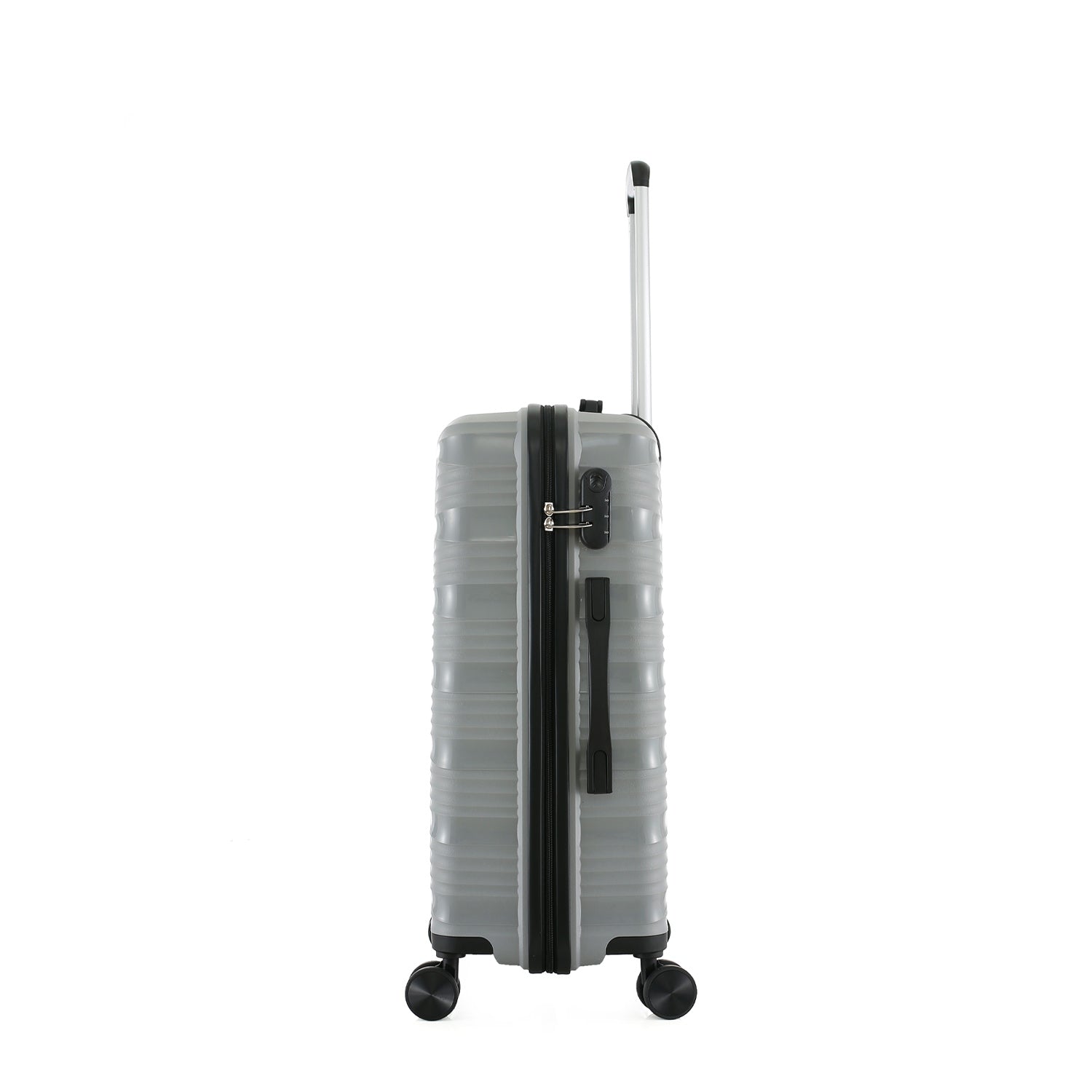 Side view of the medium silver suitcase showing the combination lock, side carry handle and extended telescopic handle.
