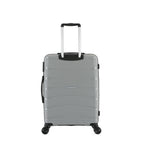 Rear view of the medium silver suitcase showing the textured hard shell, telescopic handle and black side carry handle.