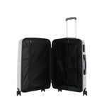Medium silver suitcase shown open, revealing a black lined interior with zippered divider, storage pocket and cross straps.