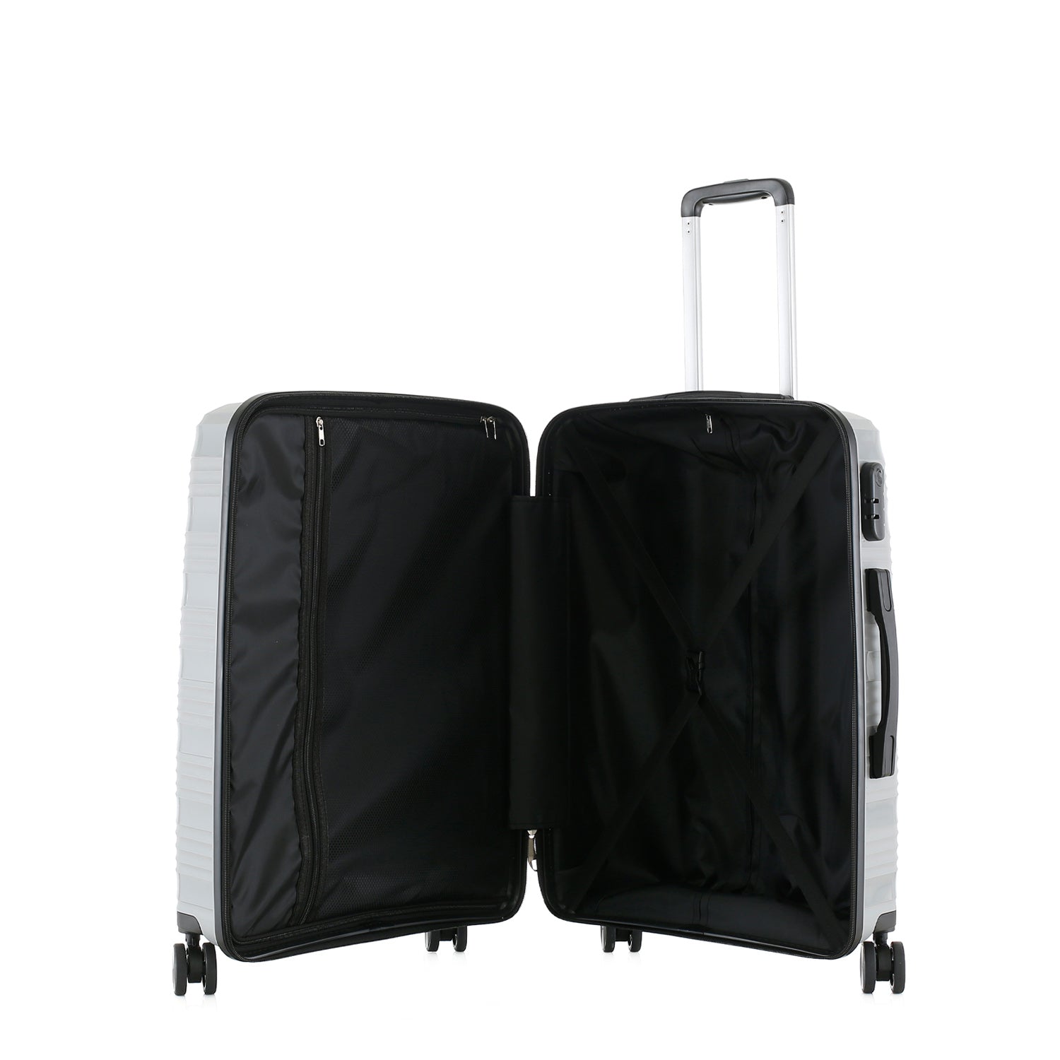 Medium silver suitcase shown open, revealing a black lined interior with zippered divider, storage pocket and cross straps.